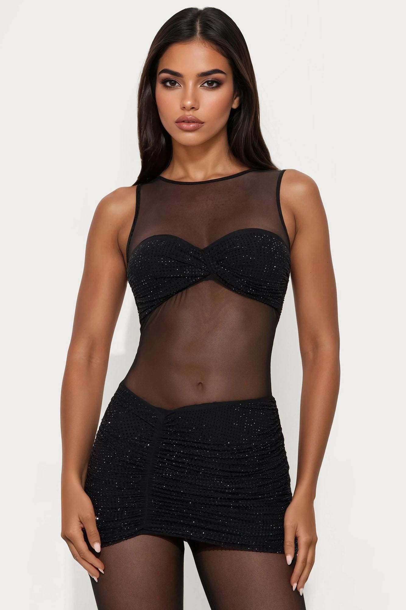 Diamond Diva Embellished Mesh Jumpsuit - Black Product Image