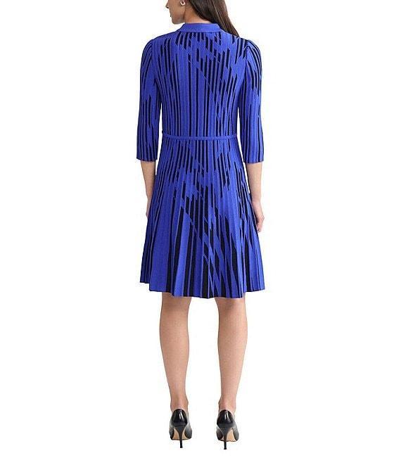 Ming Wang Dual-Toned Soft Knit Split V-Neck 3/4 Sleeve Dress Product Image