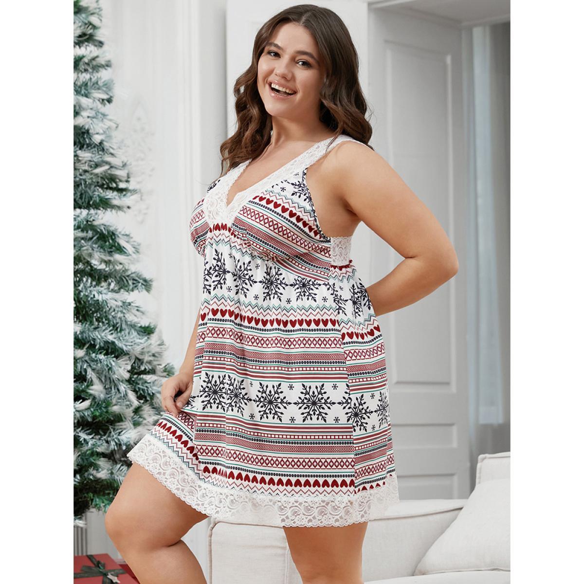 Plus Size Snowflake Print Contrast Lace Backless Short Dress Women Multicolor Elegant Graphic-Christmas Patchwork V-neck Loungewear BloomChic 10/M Product Image