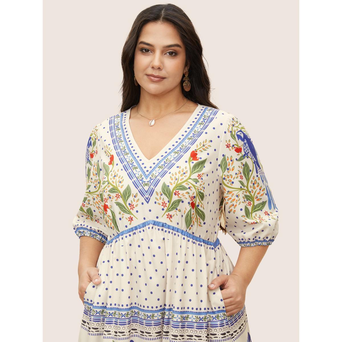 Plus Size V Neck Floral Print Elastic Waist Lantern Sleeve Dress Blue Women Resort Gathered V-neck Sleeveless Curvy Midi Dress BloomChic 12/L Product Image