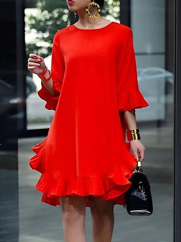 Half Sleeves Loose Falbala Solid Color Round-Neck Midi Dresses Product Image