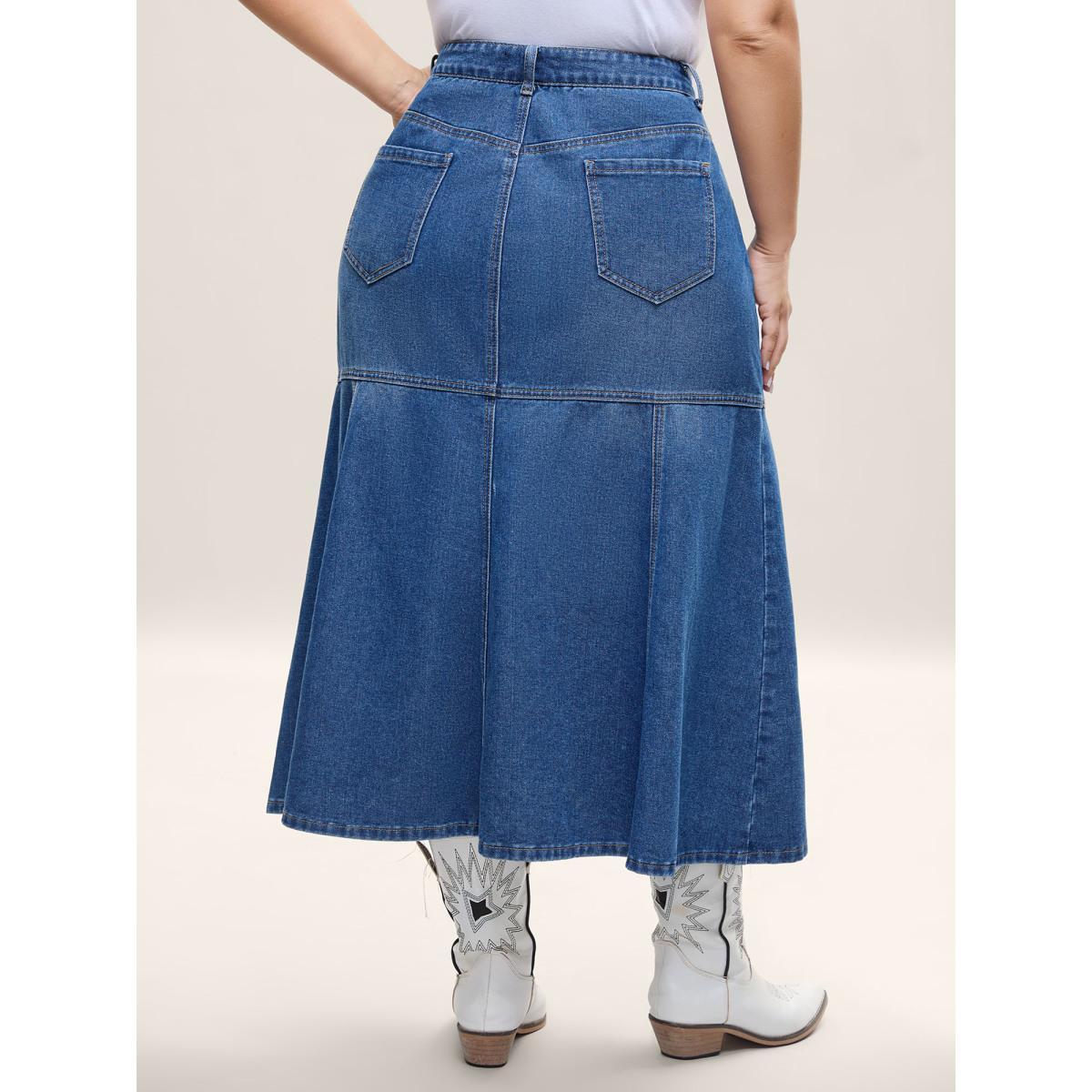 Plus Size A-Line Seamed Maxi Denim Skirt Women Midblue Everyday-Elegant No stretch Medium Wash 10/M Slanted pocket Denim Skirts BloomChic Product Image