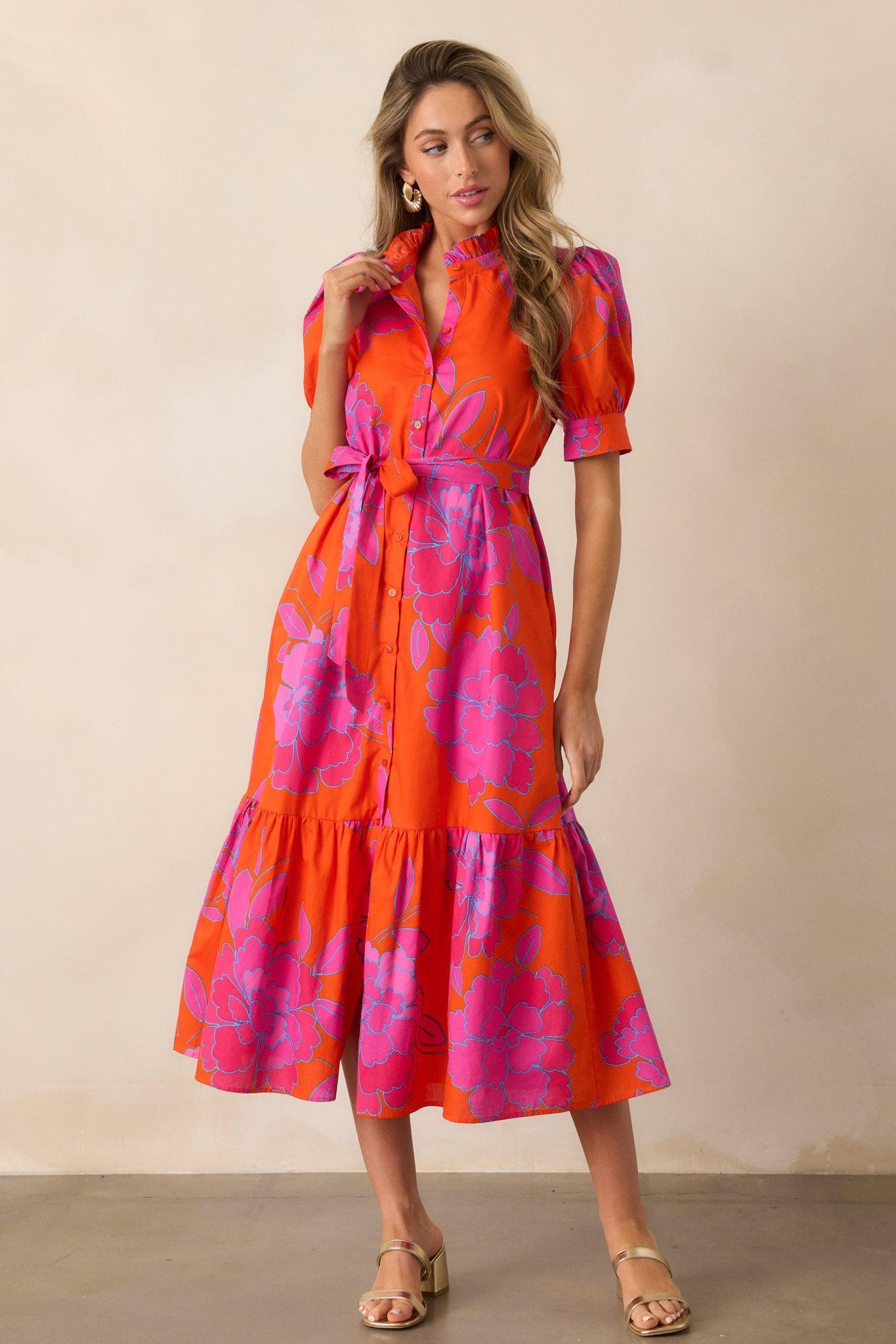 Free To Fly Cotton Orange Floral Button Front Midi Dress Product Image