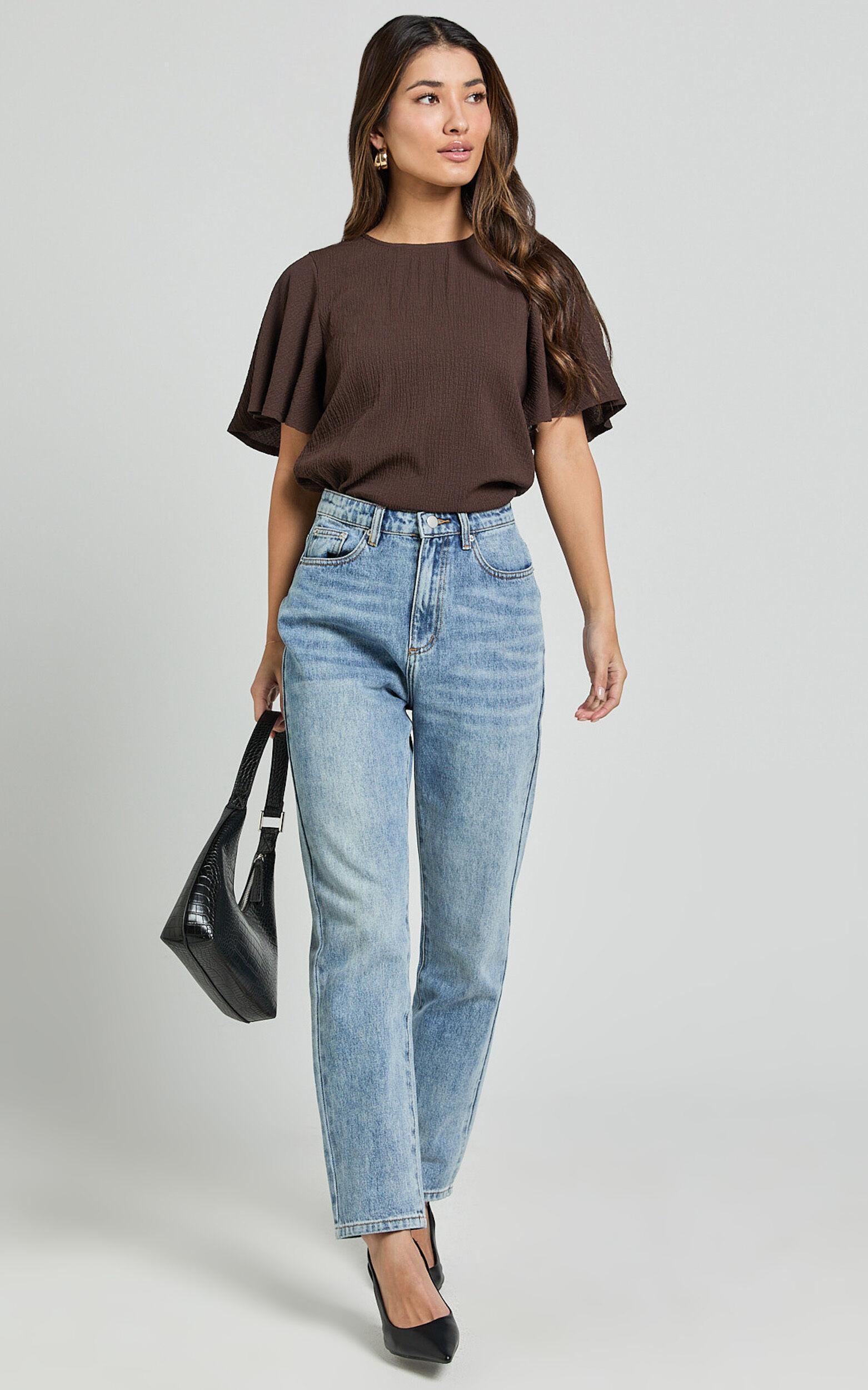 Enzo Top - Flutter Sleeve Scoop Neck Top in Dark Oak Product Image