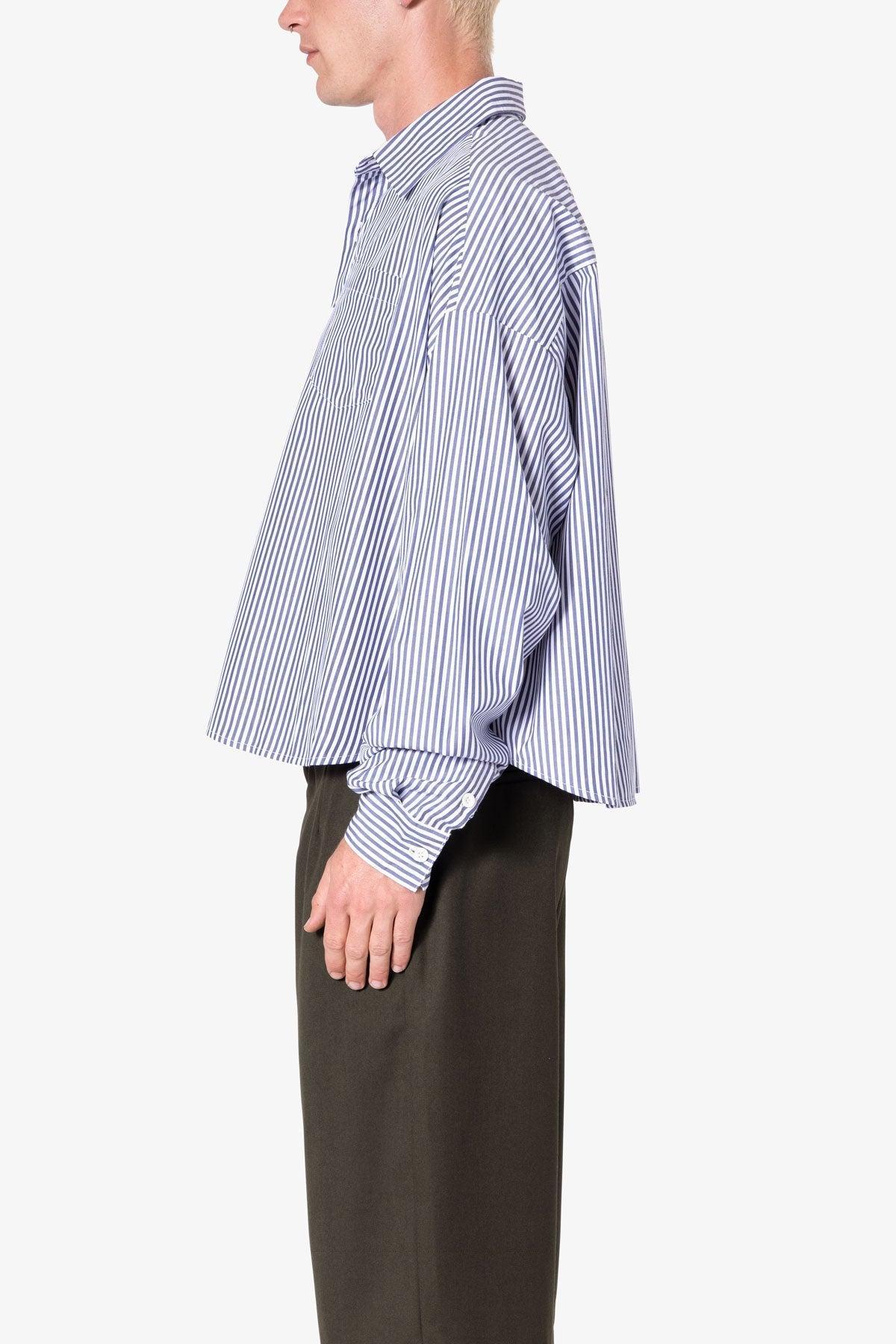 Striped Cropped Button Down Shirt - Blue Product Image