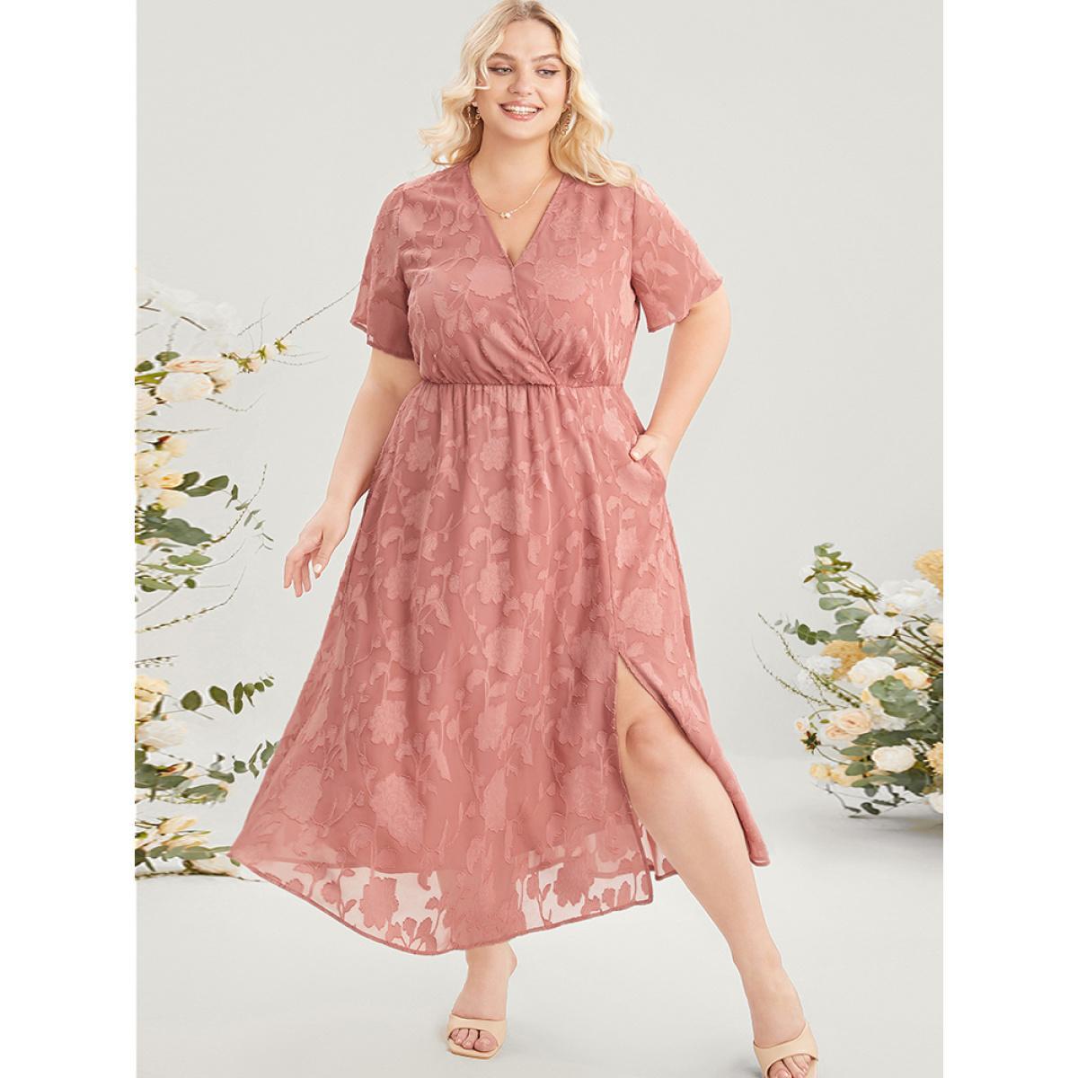 Plus Size Plain Surplice Neck Split Mesh Pocket Ruffles Dress Rouge Women Elegant See through Overlap Collar Short sleeve Curvy Long Dress BloomChic 10/M Product Image