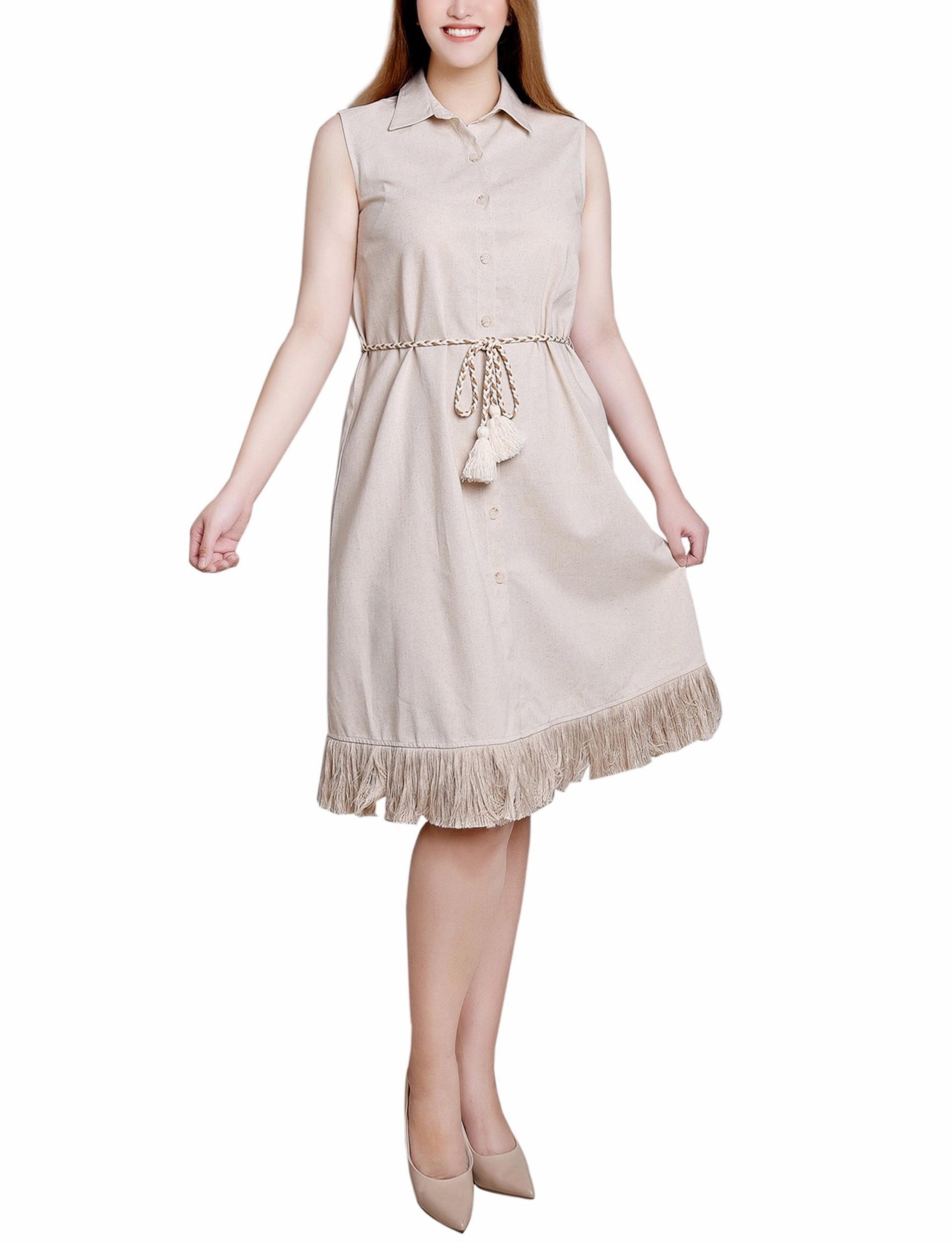Beige Sleeveless Belted Fringed Dress - Petite Product Image