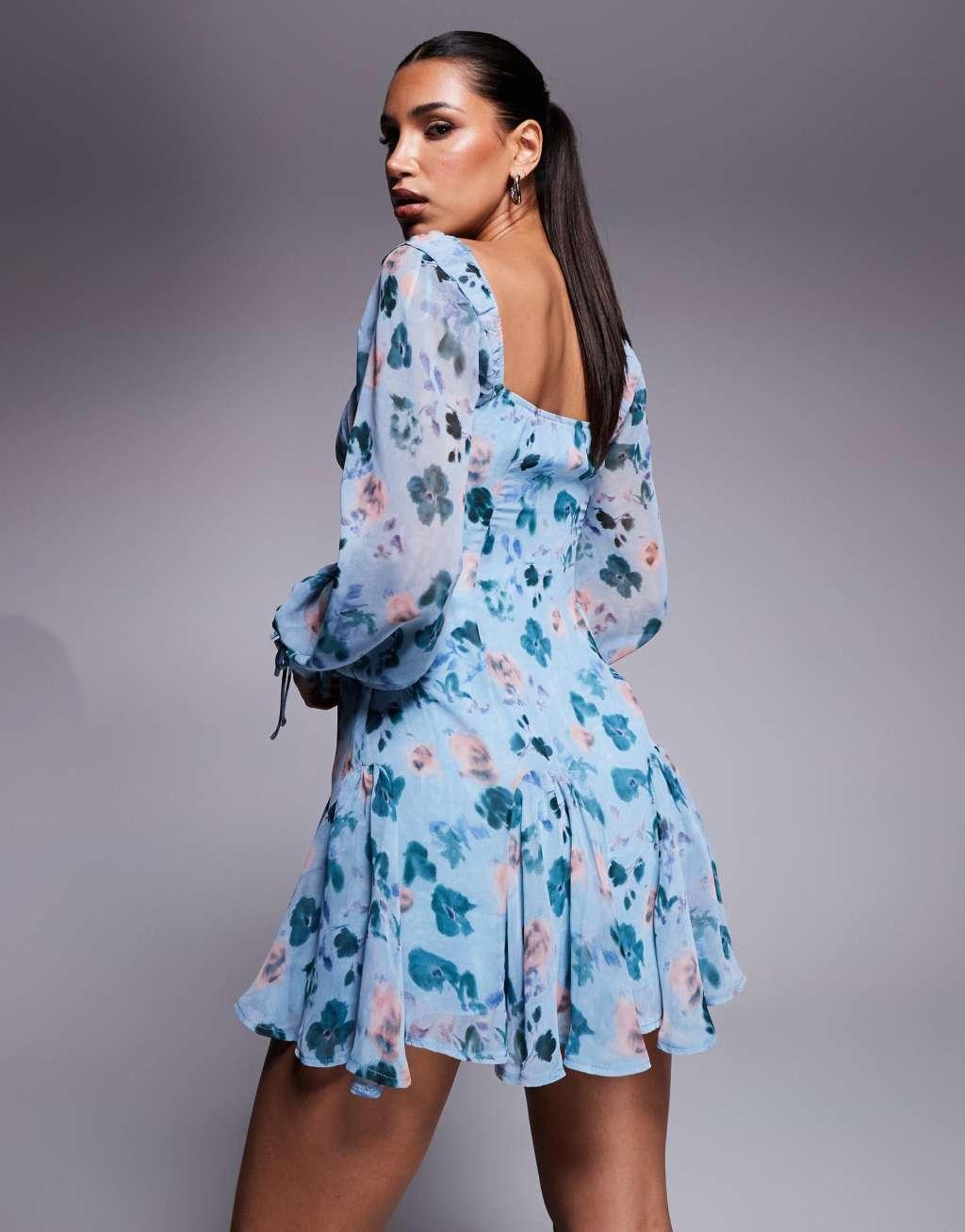 Love Triangle milkmaid mini dress with tie detail in blue floral Product Image