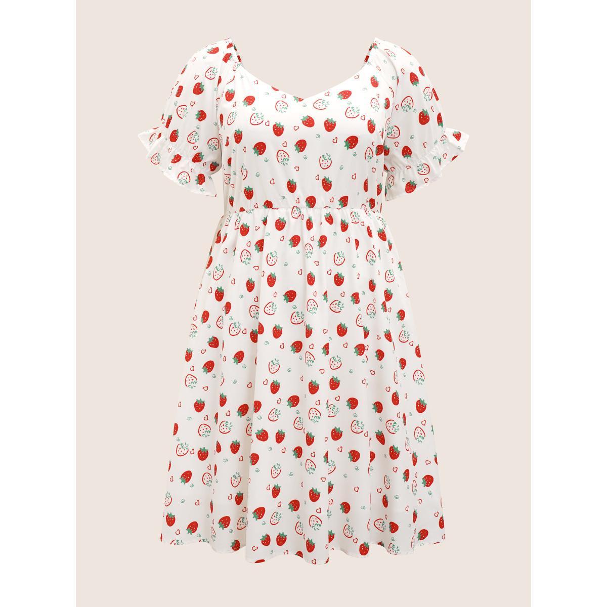 Plus Size Strawberry Print Puff Sleeve Elastic Waist Dress WhiteSmoke Women Casual Ruffles V-neck Short sleeve Curvy BloomChic 26/4X Product Image
