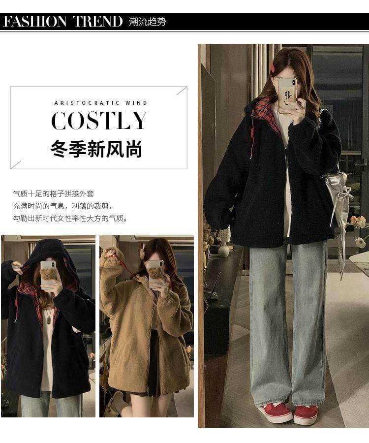 Plaid Drawstring Fleece Zip Jacket Product Image