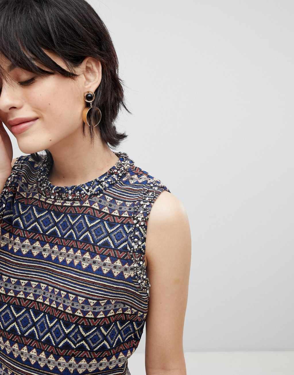 Deby Debo Iliana Print Dress with Embellished Neck Trim-Multi Product Image