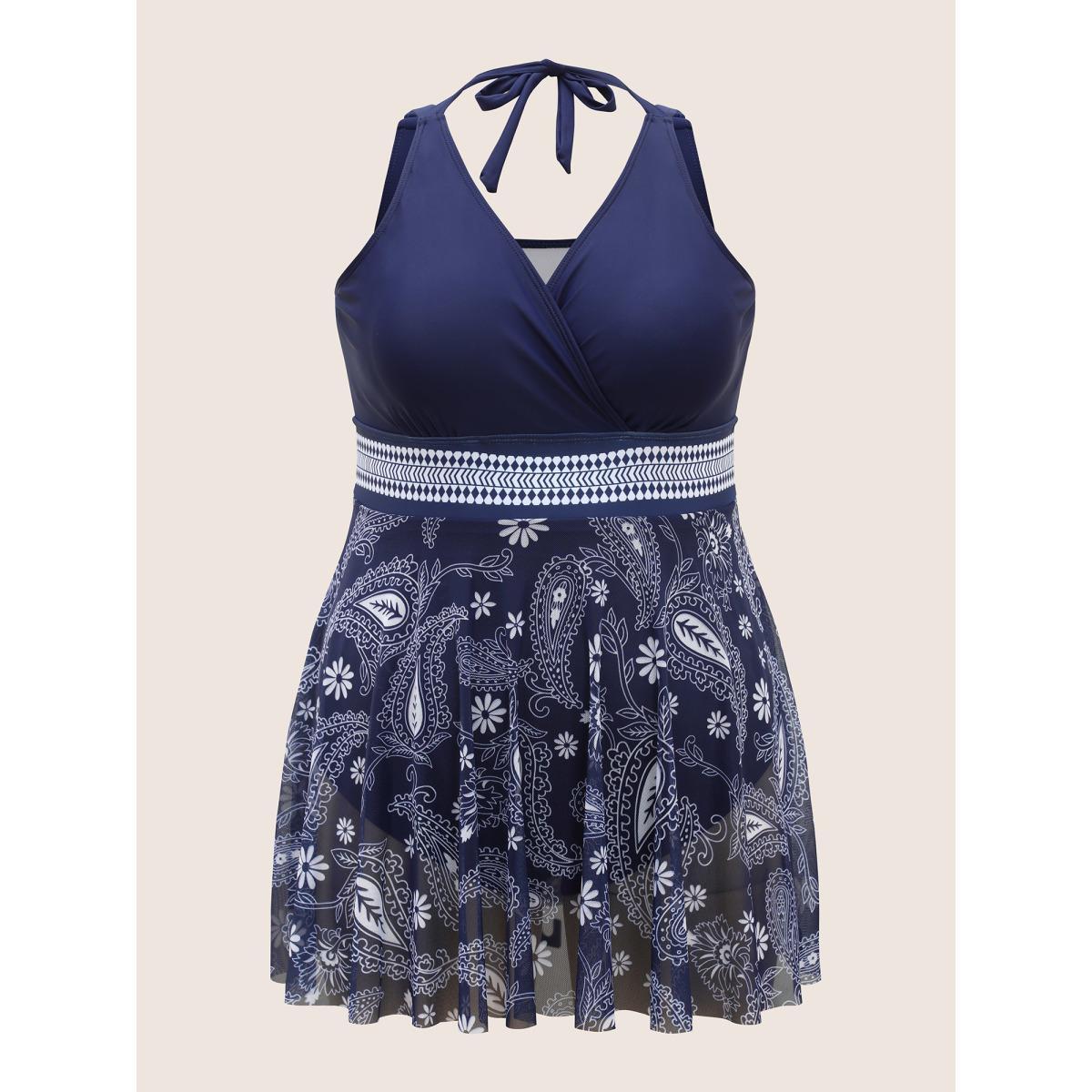 Plus Size Overlap Collar Bandana Print Mesh Swim Dress Women's Swimwear Indigo Beach Loose Overlap Collar High stretch Curve Swim Dresses BloomChic 12/L Product Image