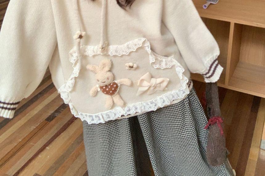 Rabbit Accent Lace Trim Oversized Knit Hoodie Product Image