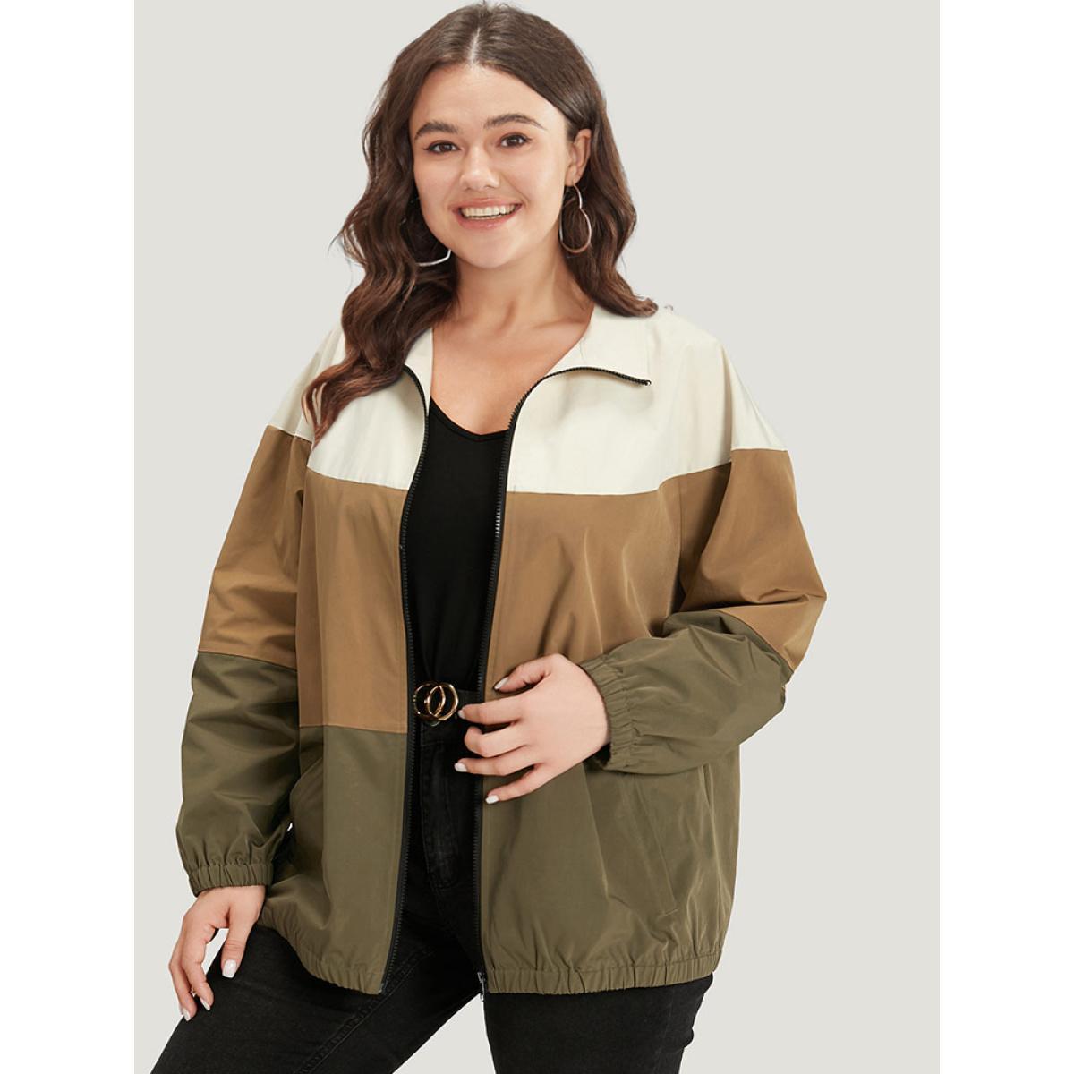 Plus Size Colorblock Contrast Zipper Pocket Elastic cuffs Coat Women Multicolor Casual Elastic cuffs Ladies Dailywear Winter Coats BloomChic 14-16/1X Product Image