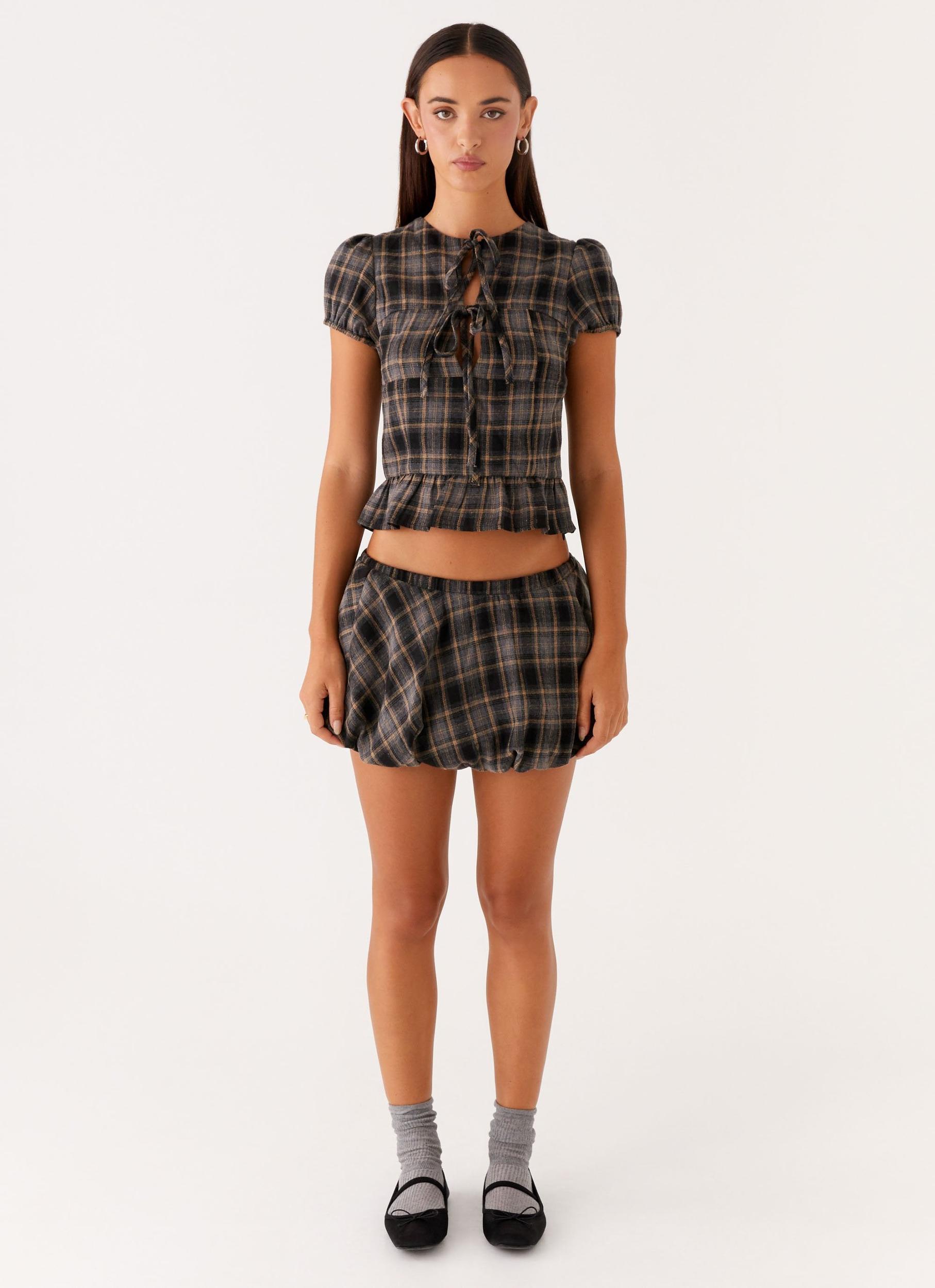 Lucia Puff Sleeve Top - Brown Check Product Image