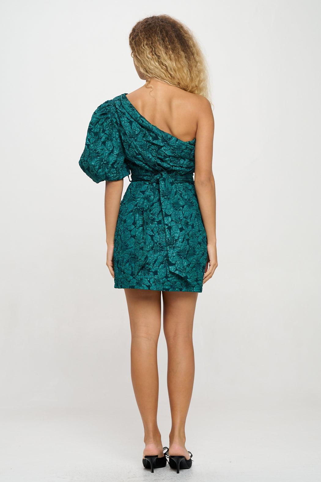 Emerald Jacquard One Shoulder Dress Product Image