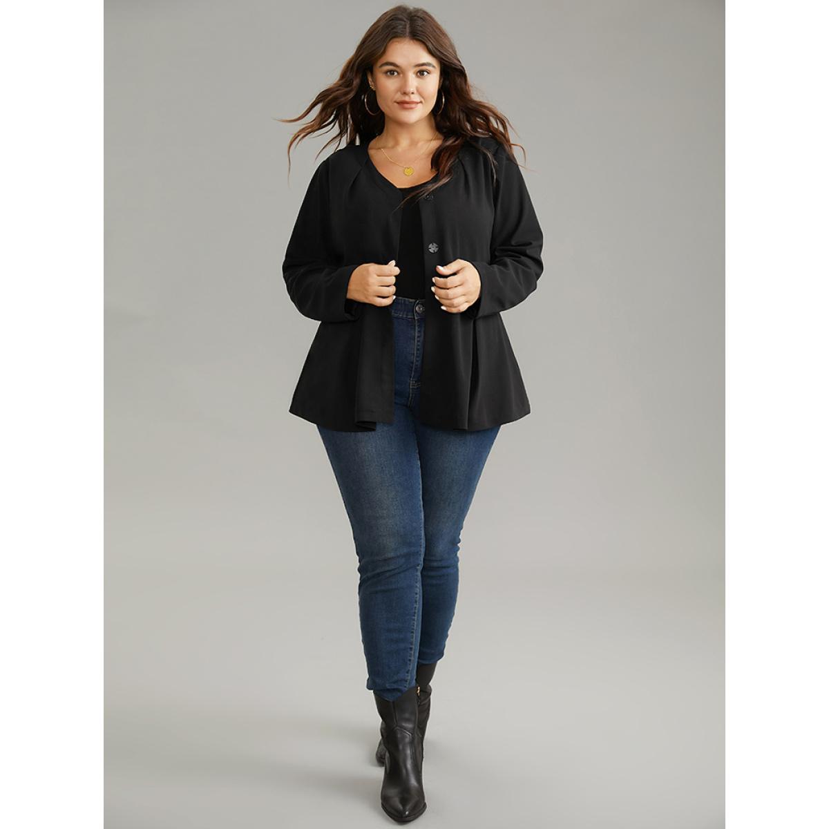 Plus Size Solid Pleated Button Up Belted Blazer Black Women Work Plain Plain Sleeve Long Sleeve Open Front 10/M Belt Work From Home Blazers BloomChic Product Image