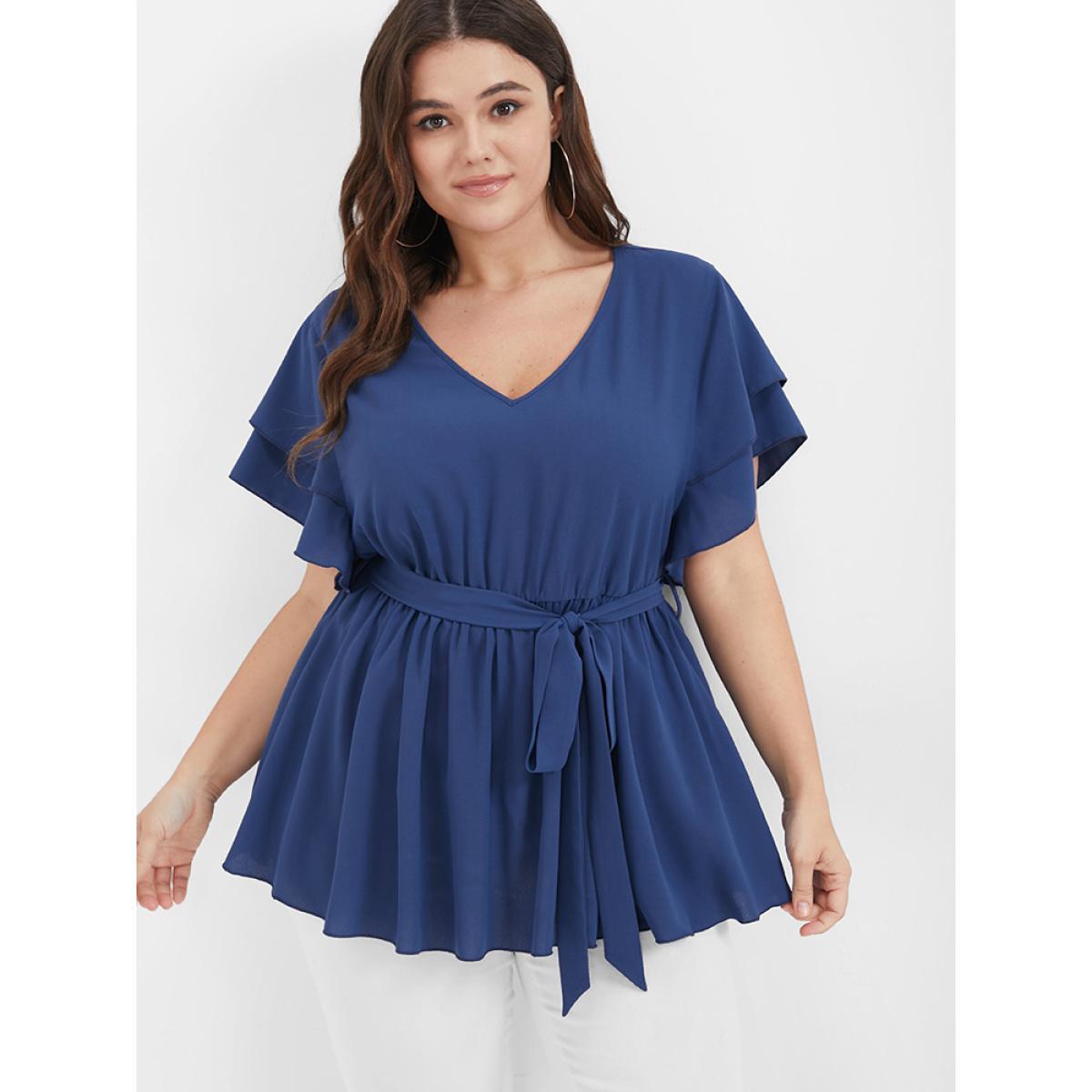 Plus Size DarkBlue Solid Babydoll Flutter Tiered Belted V Neck Blouse Women Elegant Short sleeve V-neck Dailywear Blouses BloomChic 30/6X Product Image