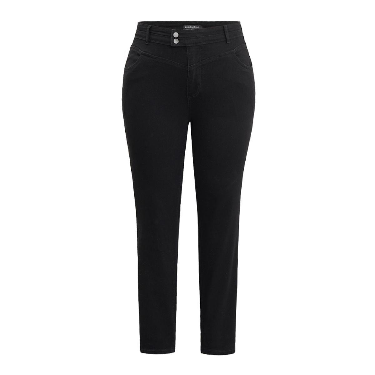 Plus Size Plain Black Wash Button Through Jeans Women Black Casual Plain Plain High stretch Pocket Jeans BloomChic 22/3X Product Image