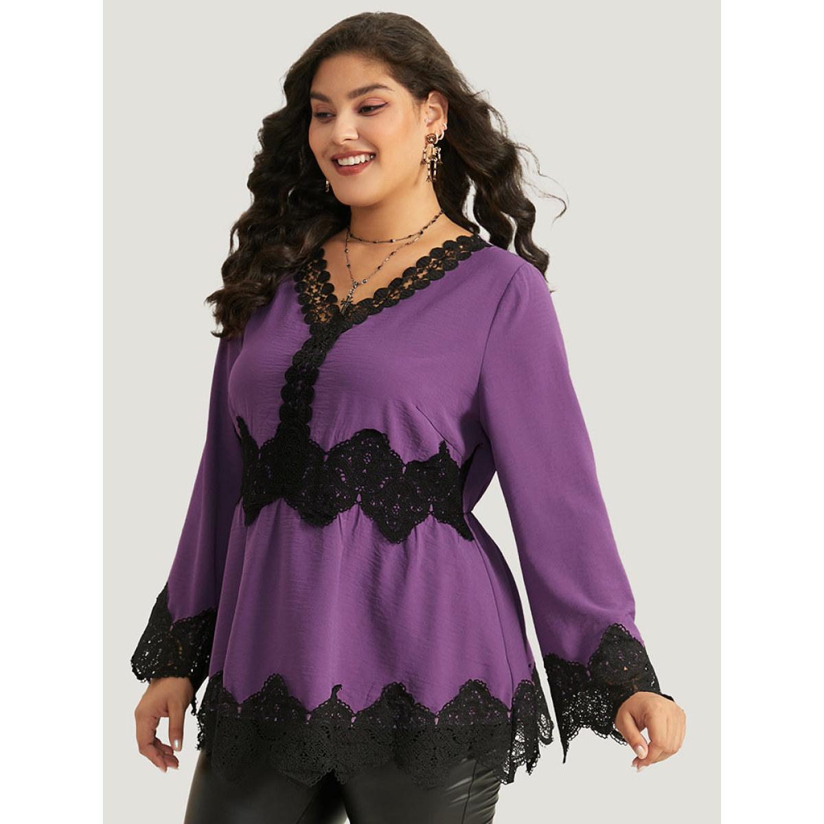 Plus Size Mauve Halloween Plain Eyelet Lace Scalloped Trim Blouse Women Elegant Long Sleeve V-neck Dailywear Blouses BloomChic 26/4X Product Image