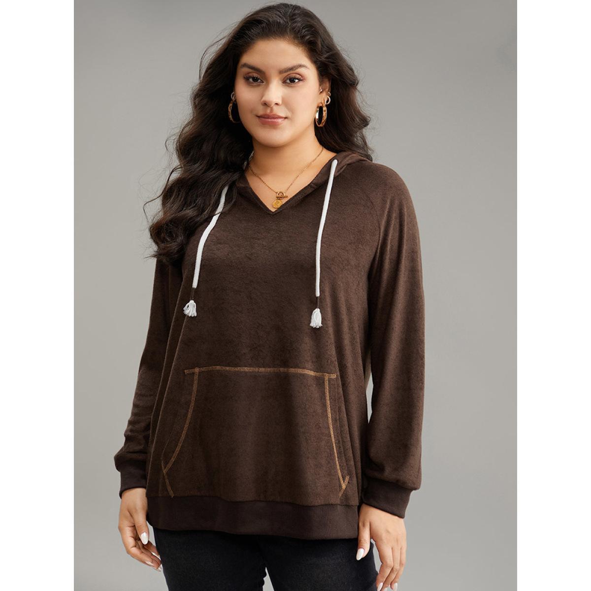 Plus Size Stitch Tassels Drawstring Hooded Sweatshirt Women DarkBrown Casual Elastic cuffs Hooded Dailywear Sweatshirts BloomChic 30/6X Product Image