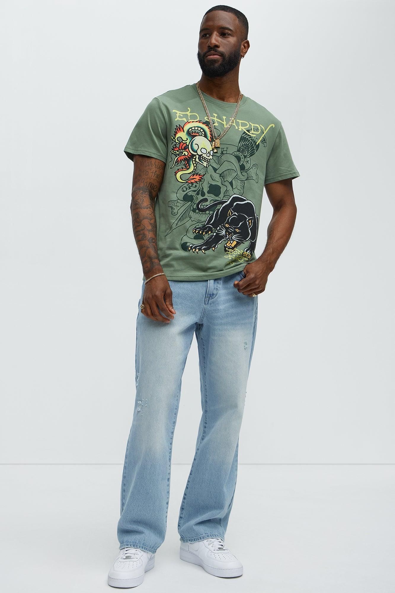 Ed Hardy Dragon Panther Tattoo Short Sleeve Tee - Olive Male Product Image