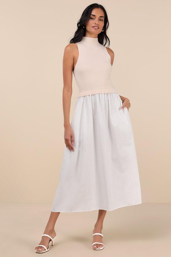 Confident Cues Ivory Two-Tone Mixed Media Midi Dress Product Image