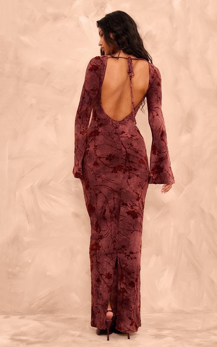 Burgundy Floral Devore Long Sleeve Maxi Dress Product Image