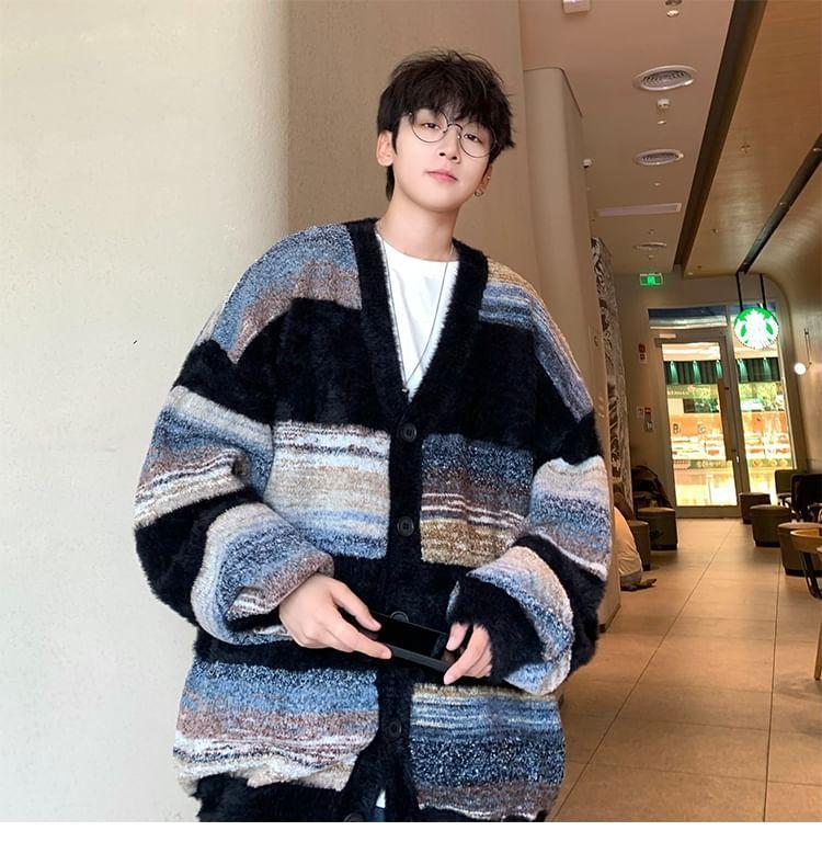 V-Neck Striped Button-Up Cardigan Product Image