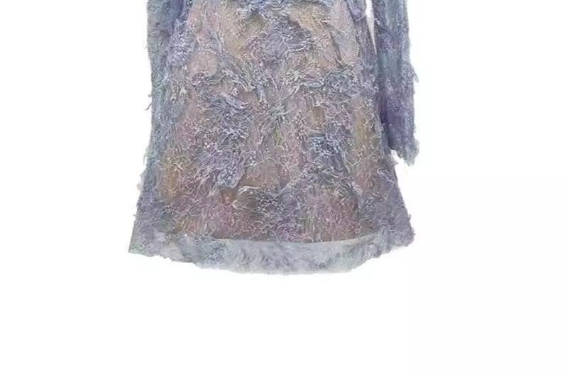 Long Sleeve Round Neck Plain Lace Mini A-Line Dress Product Image