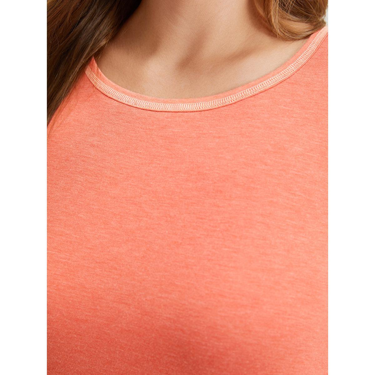 Plus Size Supersoft Essentials Stitch Button Detail Overlap Hem Dress Coral Women Casual Wrap Round Neck Short sleeve Curvy Knee Dress BloomChic 10/M Product Image