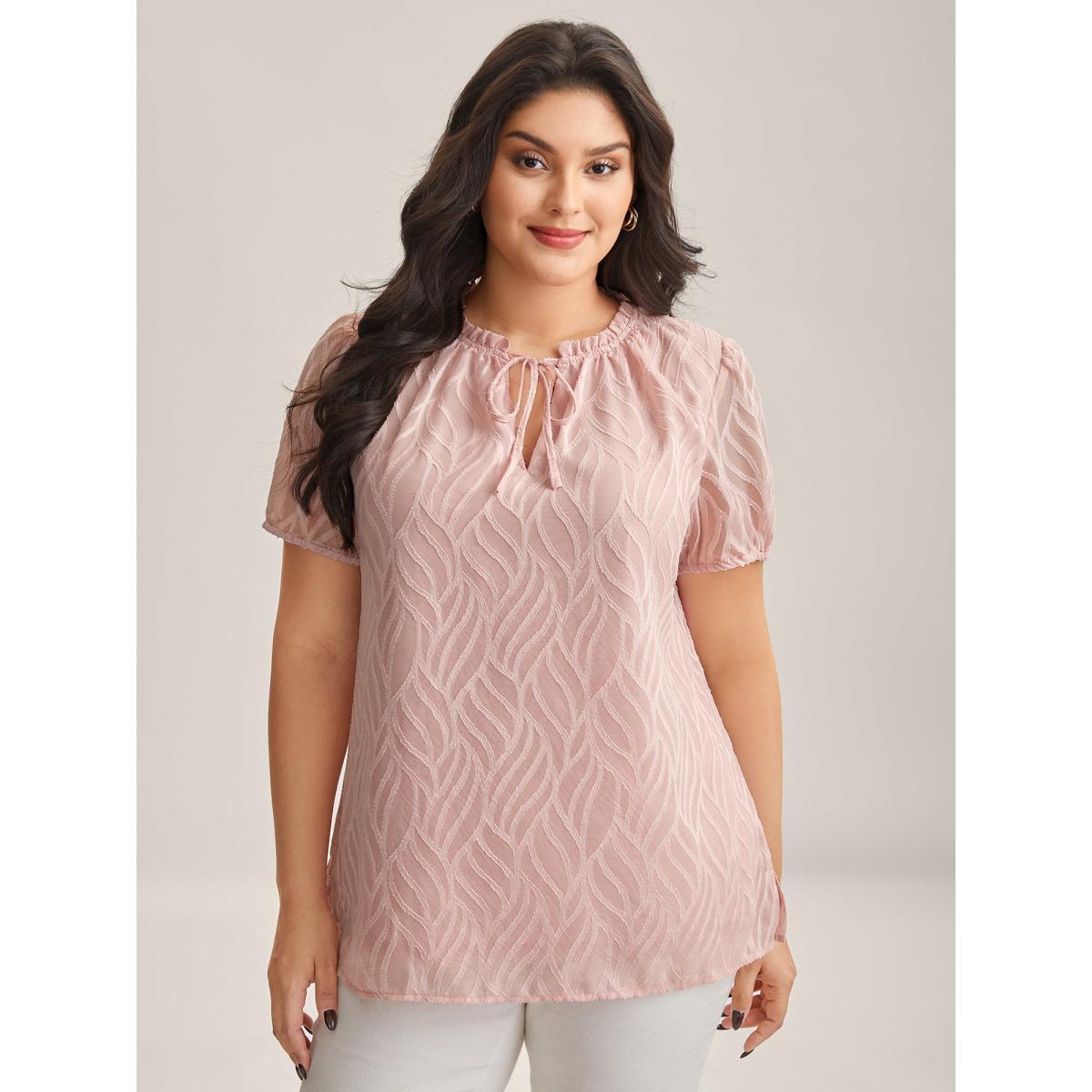 Plus Size Crepe Textured Ruffled Neck A-Line Blouse Women Short sleeve Round Neck Work Blouses BloomChic 18-20/2X Product Image