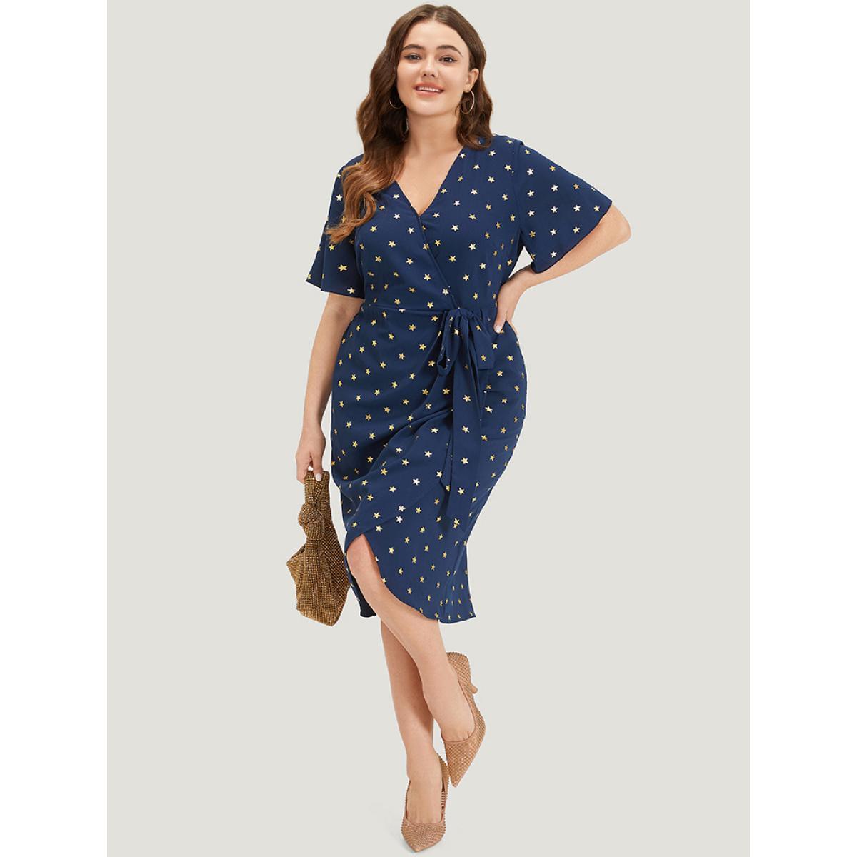 Plus Size Star Wrap Ties Pocket Ruffle Sleeve Dress Indigo Women Party Wrap Overlap Collar Sleeveless Curvy Midi Dress BloomChic 14-16/1X Product Image