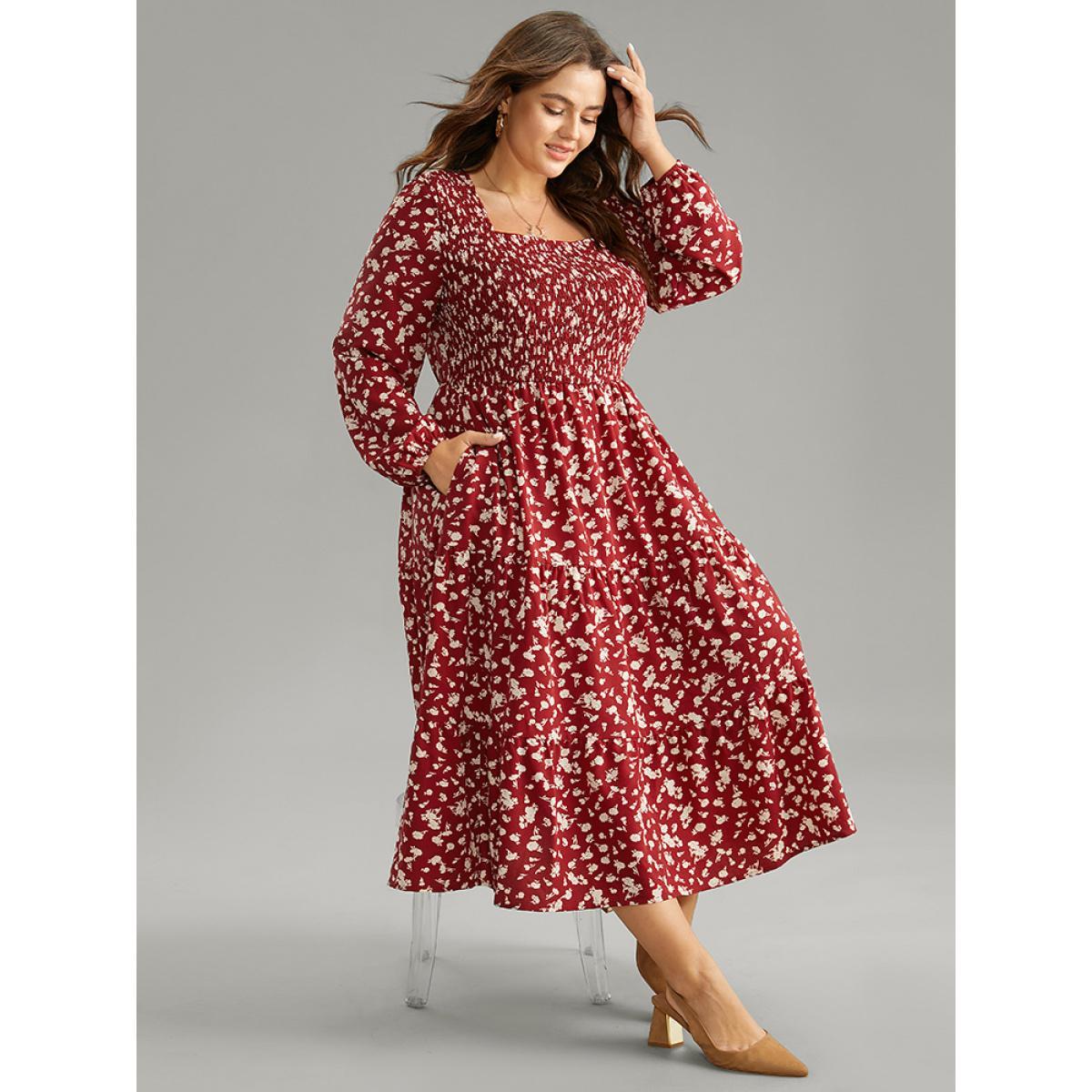 Plus Size Ditsy Floral Square Neck Shirred Gathered Dress Scarlet Women Casual Elastic cuffs Square Neck Long Sleeve Curvy Midi Dress BloomChic 14-16/1X Product Image