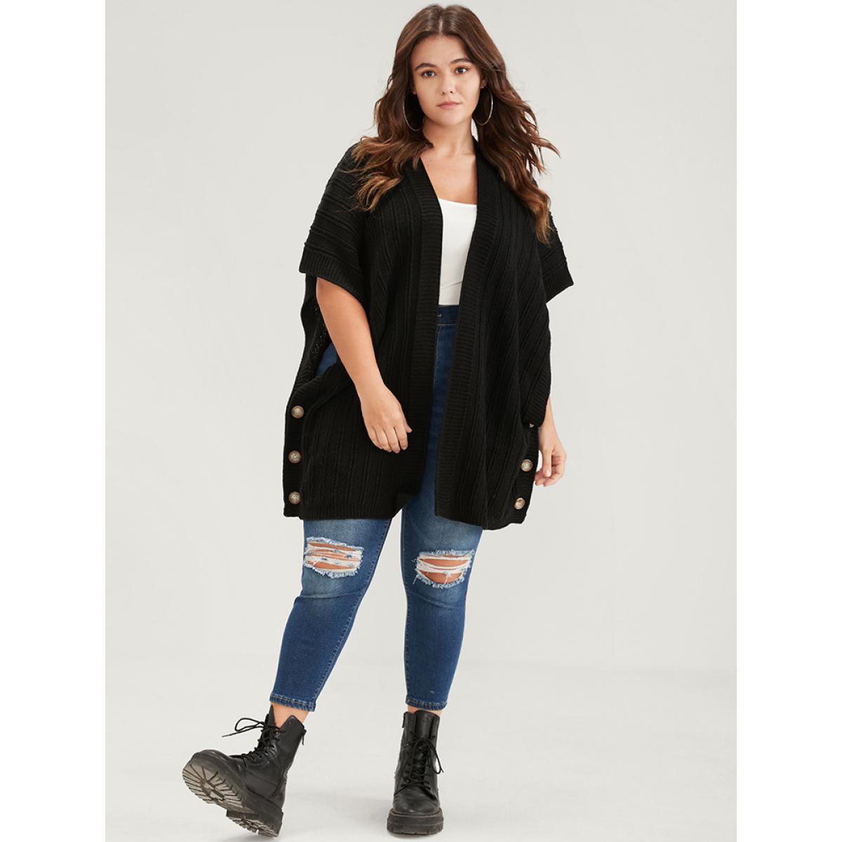 Plus Size Solid Pointelle Knit Button Hem Dolman Sleeve Open Front Cardigan Black Women Elegant Oversized Sleeveless Dailywear Cardigans BloomChic 28/5X Product Image