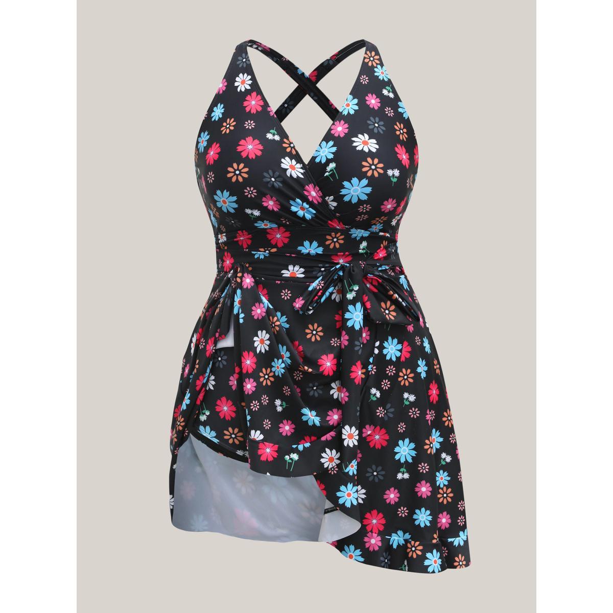 Plus Size Colorful Floral Print Fit Flare Swim Dress Women's Swimwear Black Beach Bodycon Overlap Collar High stretch Curve Swim Dresses BloomChic 28/5X Product Image