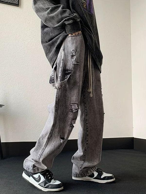 Men's Gray Wash Ripped Drawstring Loose Jeans Product Image