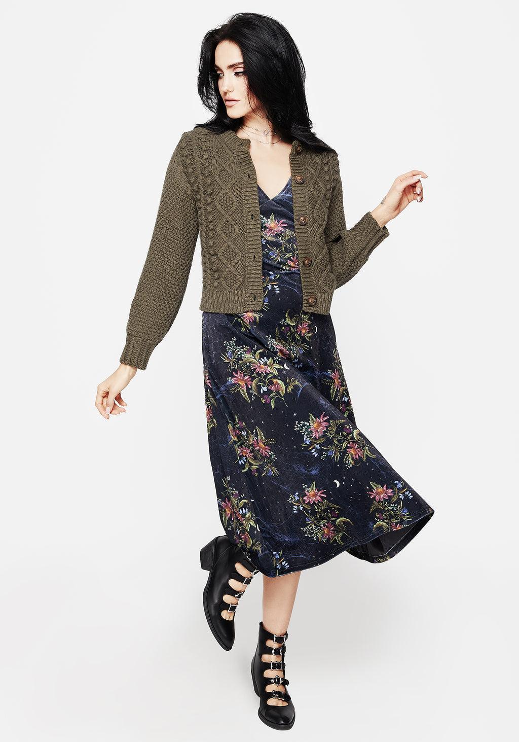 Cleome Floral Spiderweb Velour Corset Midi Dress Product Image