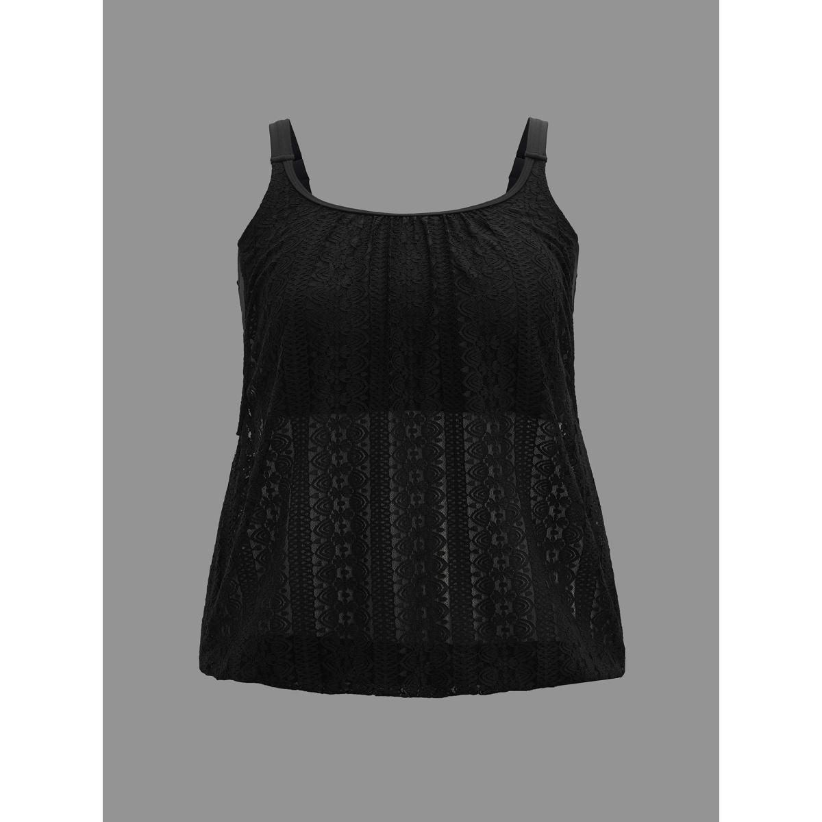 Plus Size Lace Cut-Out Round Neck Tiered Swim Top Women's Swimwear Black Beach Cut-Out High stretch Bodycon U-neck Curve Swim Tops BloomChic 30/6X Product Image