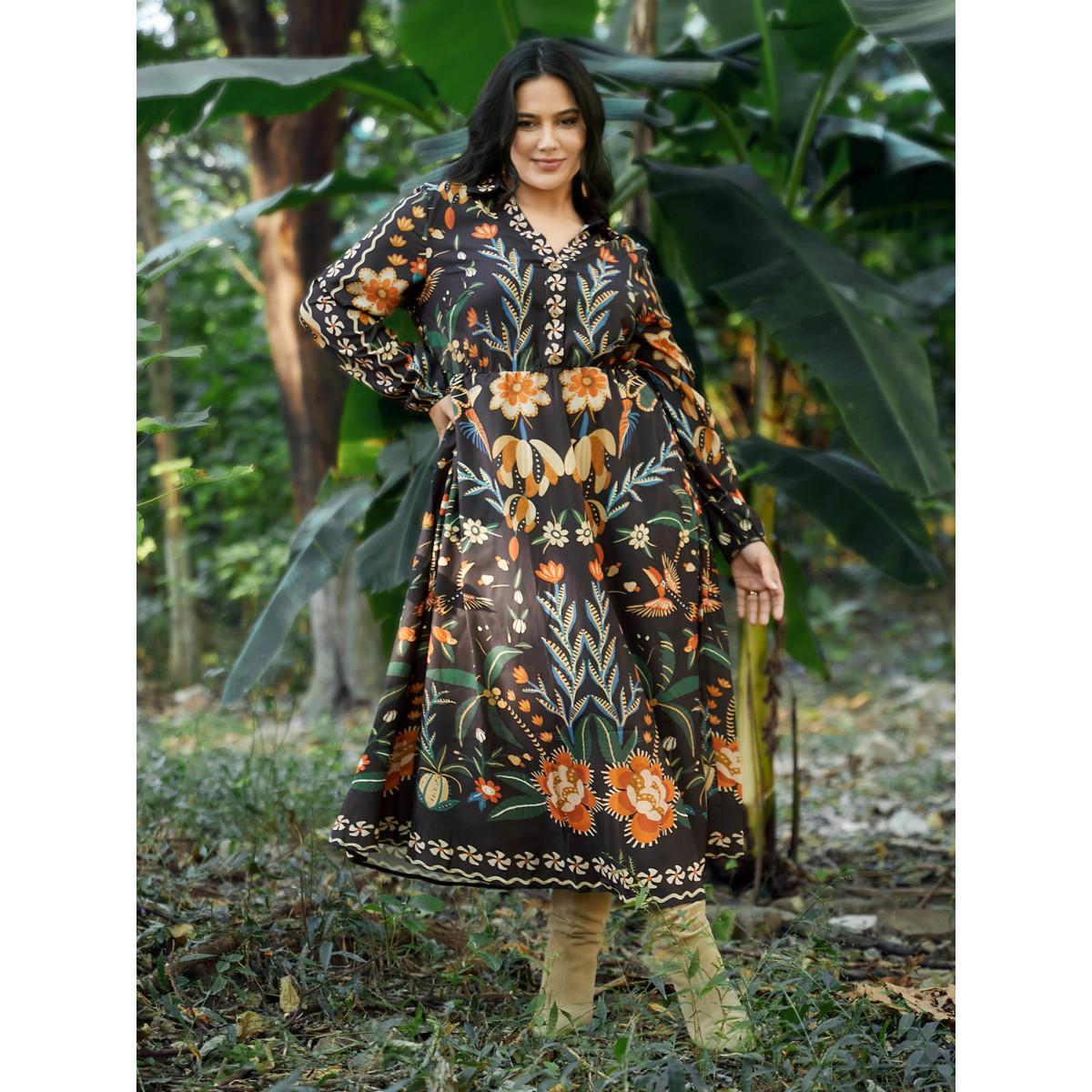 Plus Size Bandana Print Pocket Lapel Collar Elastic Cuffs Dress Black Women Resort Non V-neck Long Sleeve Curvy Midi Dress BloomChic 28/5X Product Image