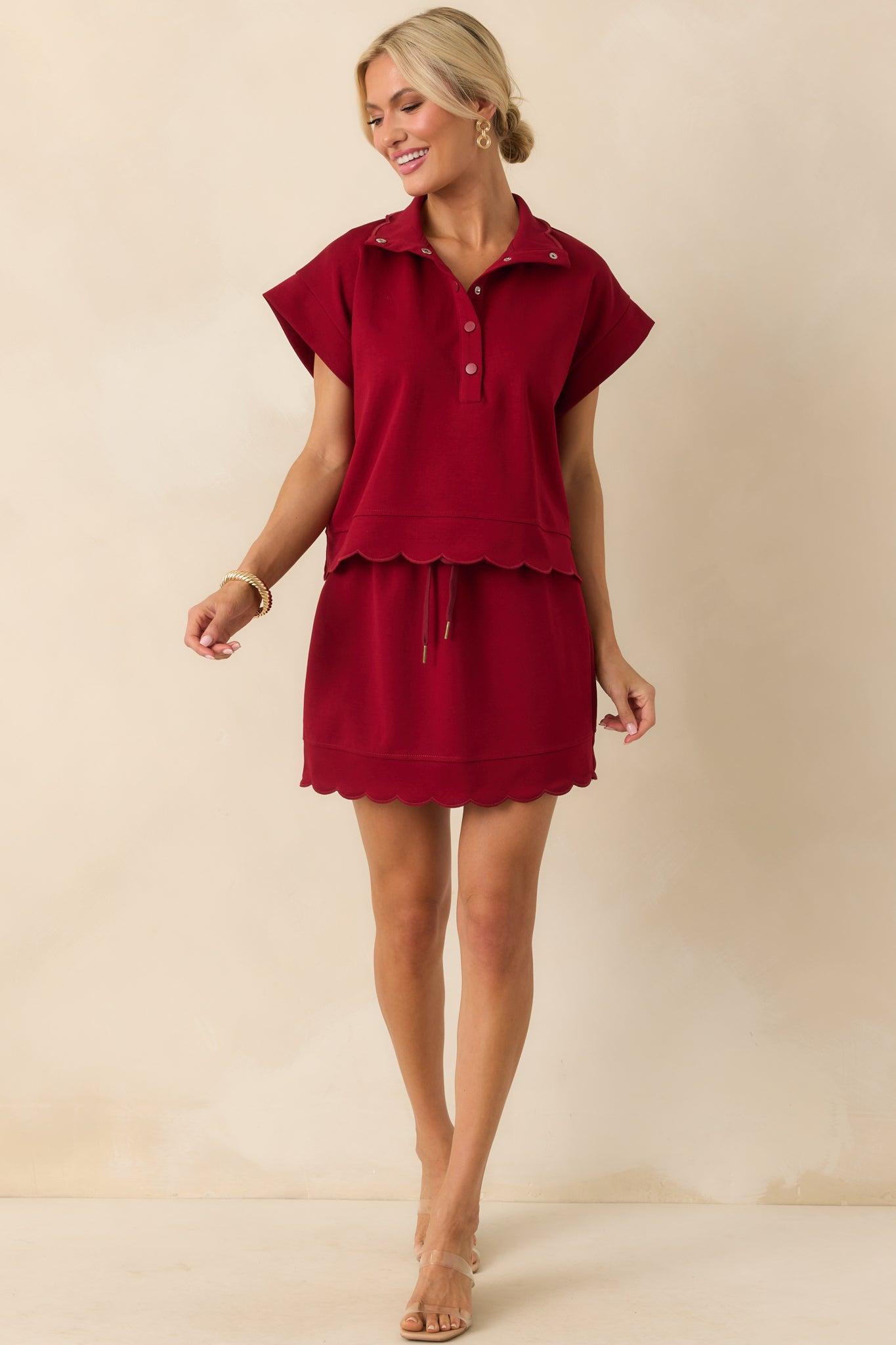 In Passing Burgundy Cotton Scallop Hem Drawstring Mini Skirt Product Image