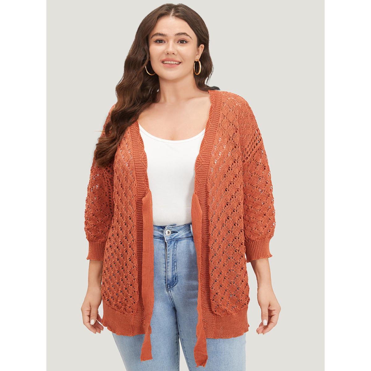 Plus Size Solid Hollow Out Ties Front Elastic Cuffs Cardigan Chocolate Women Casual Loose Elbow-length sleeve Dailywear Cardigans BloomChic 28/5X Product Image