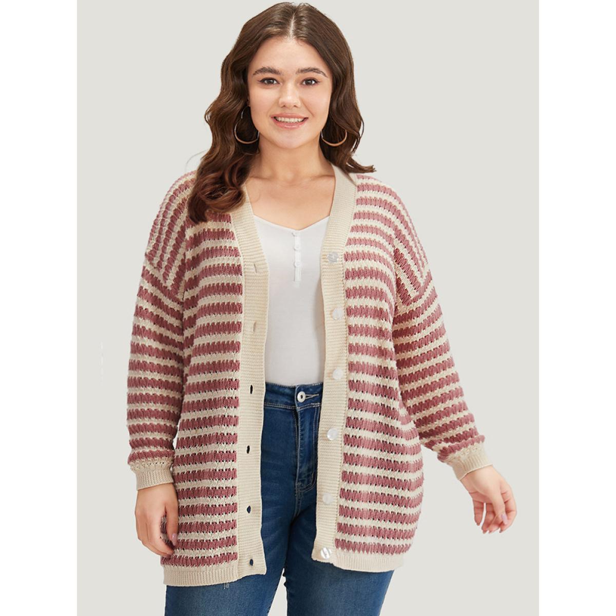 Plus Size Striped Button Through Cut Out Cardigan DustyPink Women Casual Loose Long Sleeve Dailywear Cardigans BloomChic 18-20/2X Product Image
