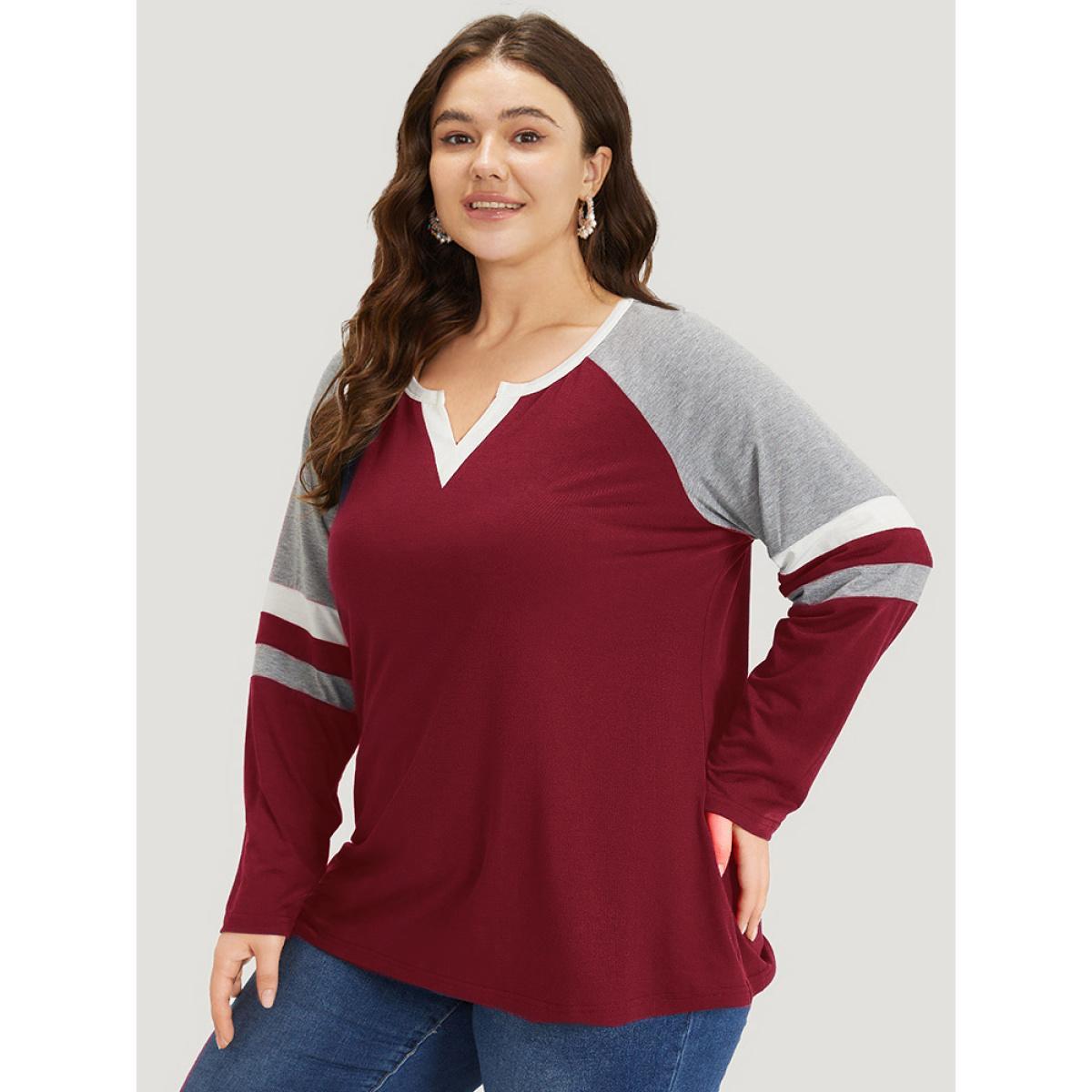 Plus Size Colorblock Contrast Notched Patchwork Raglan Sleeve T-shirt Scarlet Women Casual Contrast Striped Notched collar Dailywear T-shirts BloomChic 26/4X Product Image