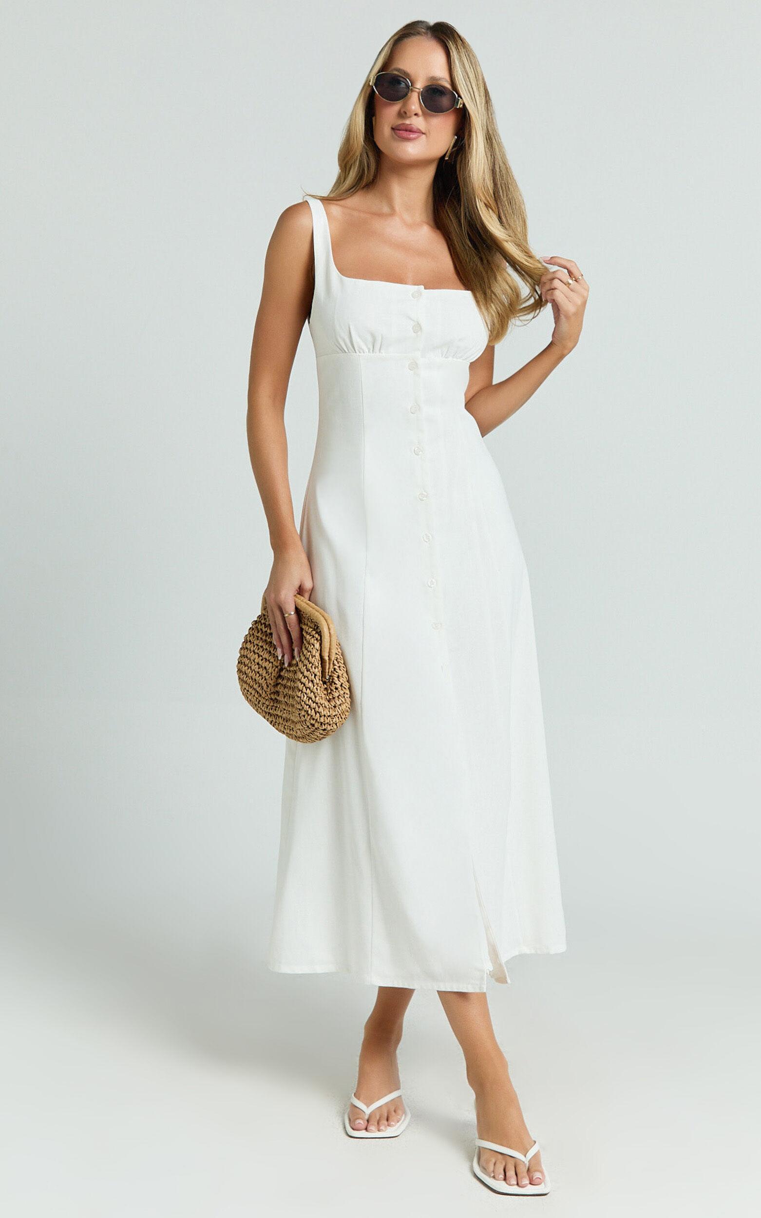 Cameron Midi Dress - Button Front Tie Back Dress in White Product Image