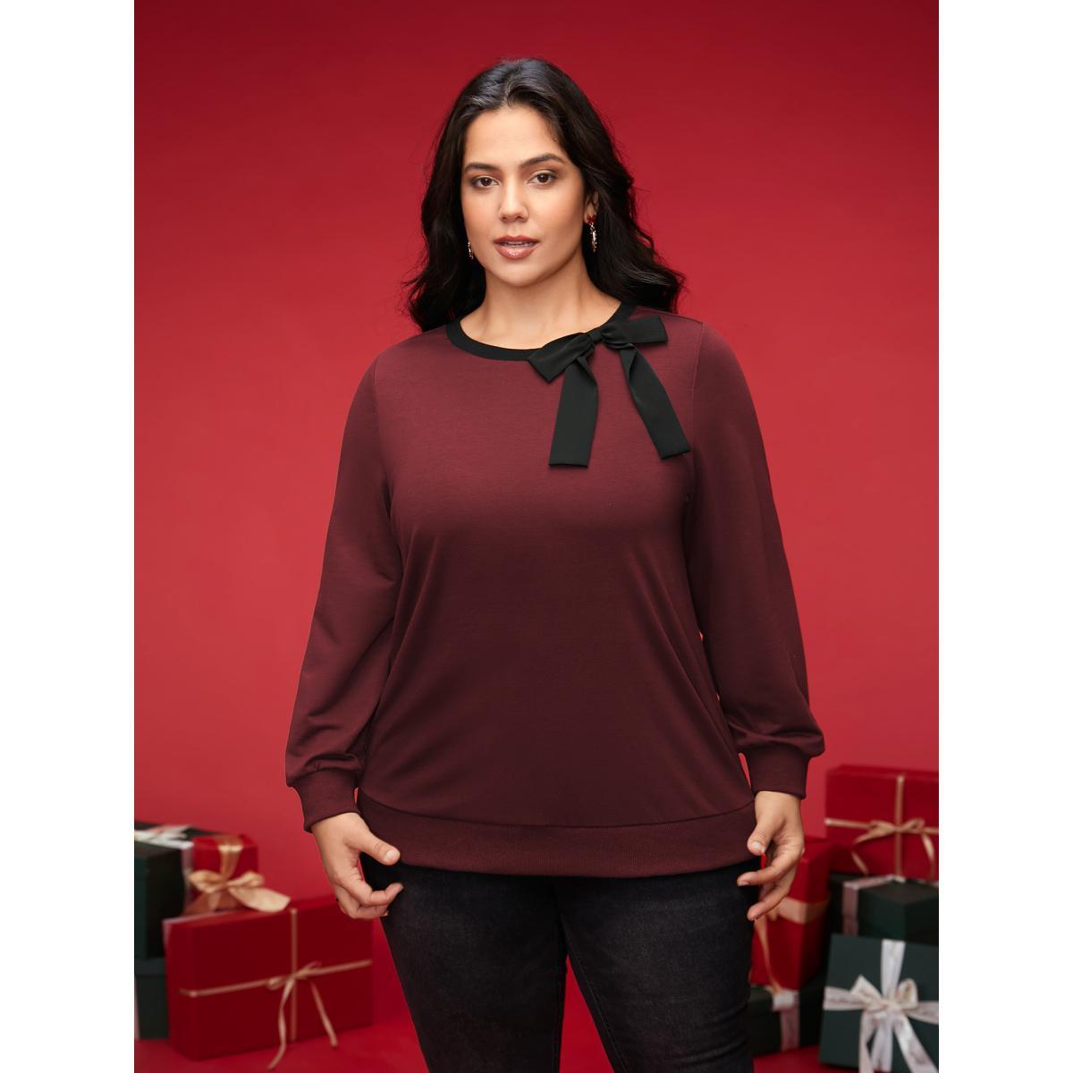 Plus Size Bow-tie Detailing High Neck Sweatshirt Women Burgundy Casual Contrast Round Neck Everyday Sweatshirts BloomChic 12/L Product Image