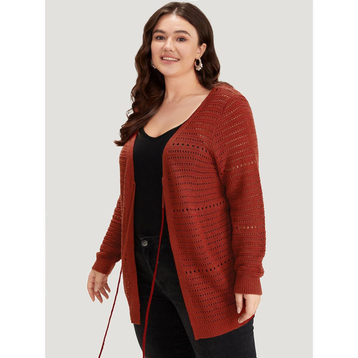 Plus Size Plain Ties Front Geometric Eyelet Cardigan Rust Women Casual Loose Long Sleeve Dailywear Cardigans BloomChic 26/4X Product Image