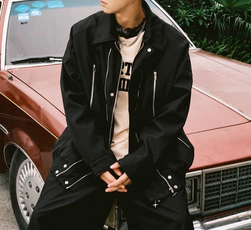 Collar Plain Zip Jacket Product Image