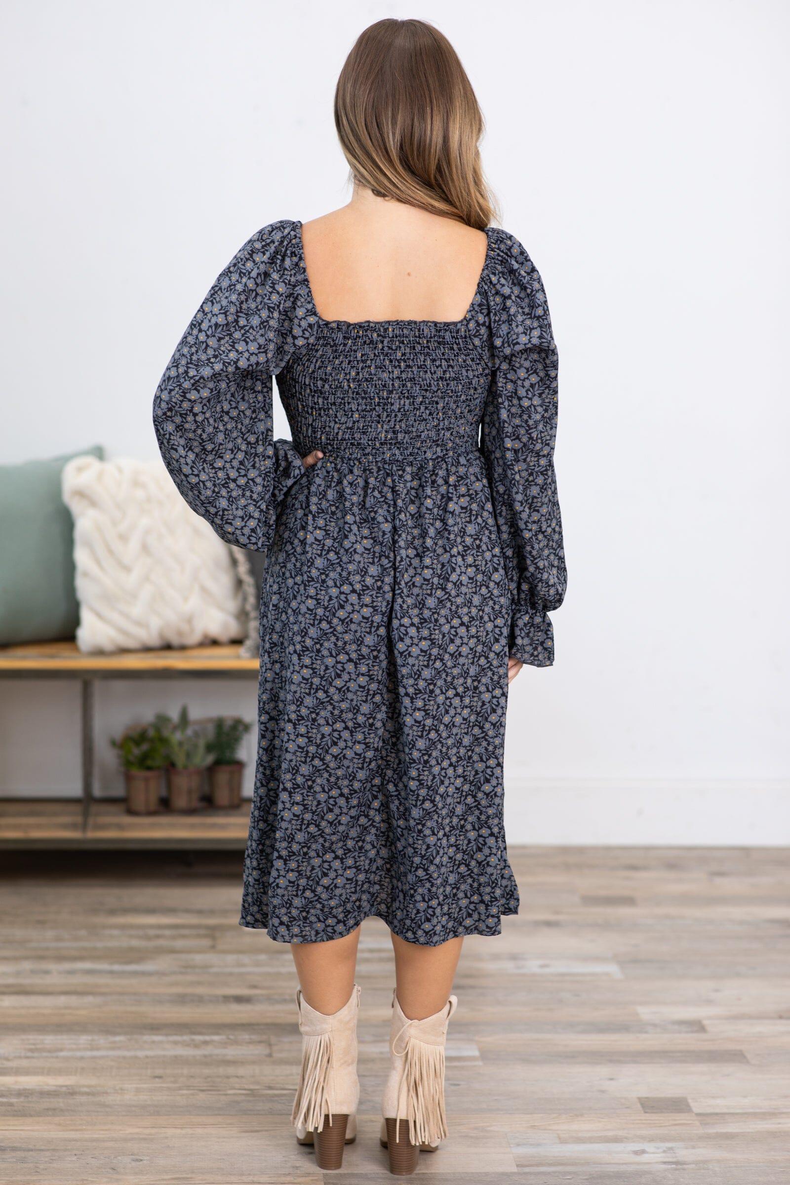 Graphite Ditsy Floral Square Neck Smocked Dress Product Image