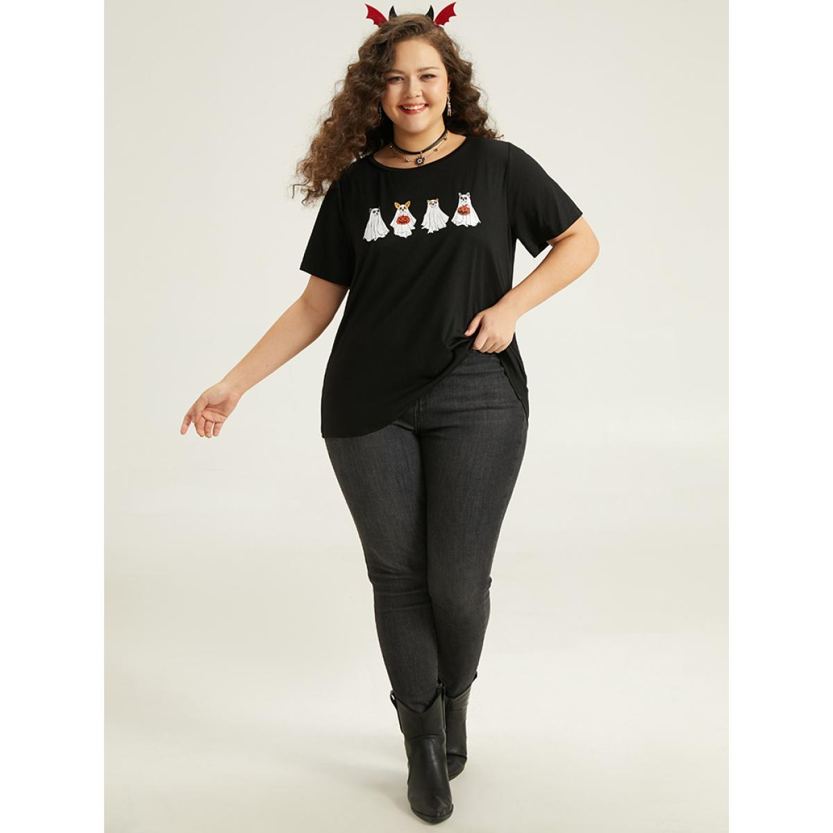 Plus Size Supersoft Essentials Halloween Print Crew Neck T-shirt Black Women Casual Printed Halloween Festival-Halloween T-shirts BloomChic 12/L Product Image